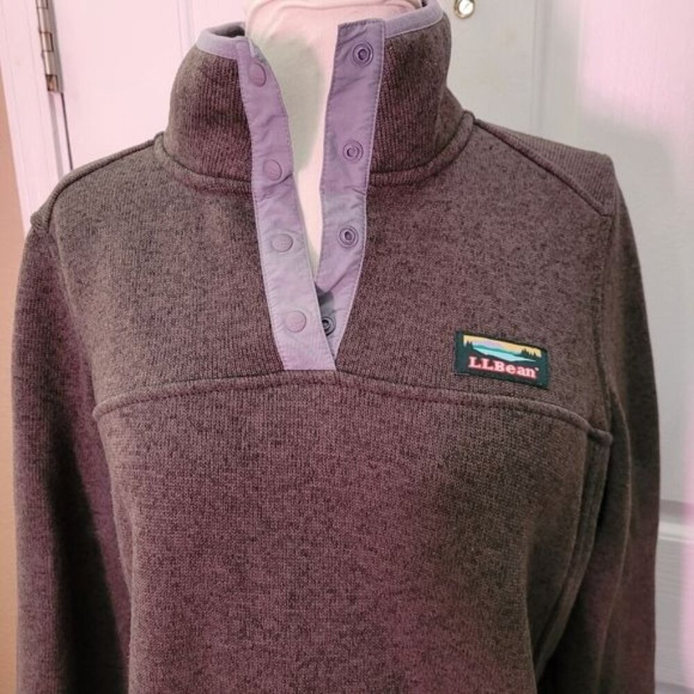 LL bean Women's Snap Sweater Green Gray Grey Medium Pullover Fall Winter Hiking